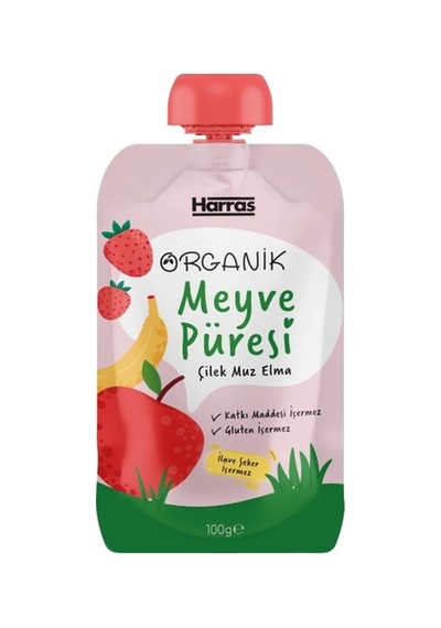 Organik Meyve Püresi Çilek Muz Elma 100 G x 6 Adet - İlave Şekersiz Bebek Ek Gıda