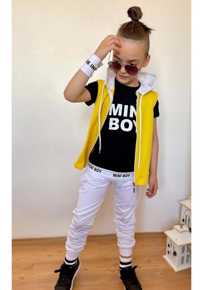 Riccotarz Erkek Çocuk Mini Boy Yazı Ve Şerit Detaylı T-shirt Kolsuz Sarı Yelek Eşofman Takım Buz Mavi