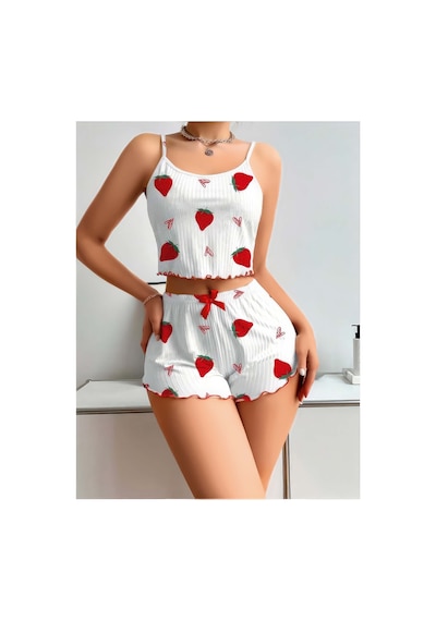 Lily Bianca Nightwear Çilek Desenli Askılı Mini Şortlu Penye Gecelik Beyaz