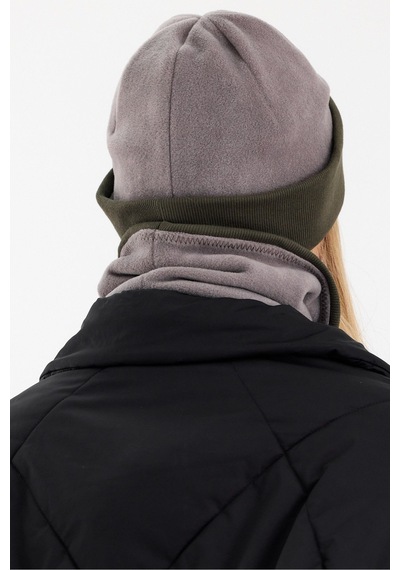 Butikgiz Kadın Dış Kısım Polar, İç Kısım Kaşkorse Pamuklu, Çift Renk, Çift Kat, Katlanabilir Bere Boyunluk Set Gri-haki