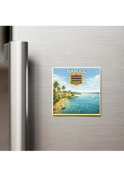Retro Gambiya Banjul Şehri Temalı Vintage Buzdolap Magneti 9x9 Cm