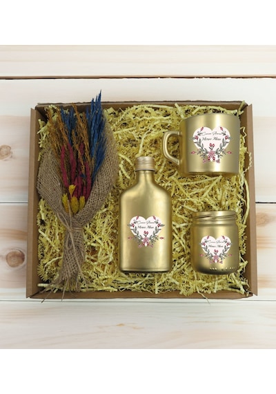 Bk Gift Kişiye Özel İsimli Dtf Anne Temalı Gold Kahve Fincanı & Kolonya & Mum & El Yapımı Kuru Çiçek Buketi Hediye Seti-5, Anneye Hediye, Anneler Günü