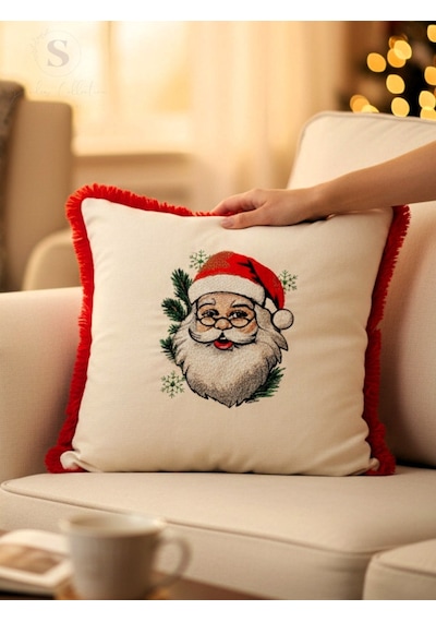 Noel Baba Nakışlı Fırfırlı Buldan Keteni Yastık Kılıfı 43 X 43 1 Adet Dolgusuz Çok Renkli