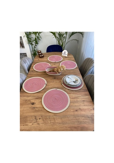 Jüt Hasır Amerikan Servis Supla Ve Sepet 7 Parça Pembe Krem Pembe Krem
