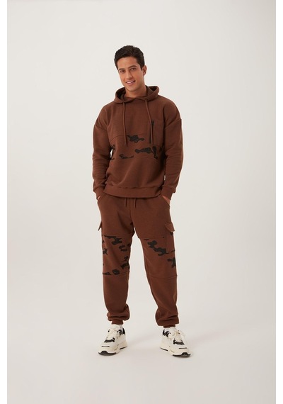 Polostate Erkek Kamuflaj Baskılı Kapüşonlu Sweatshirt Kahverengi