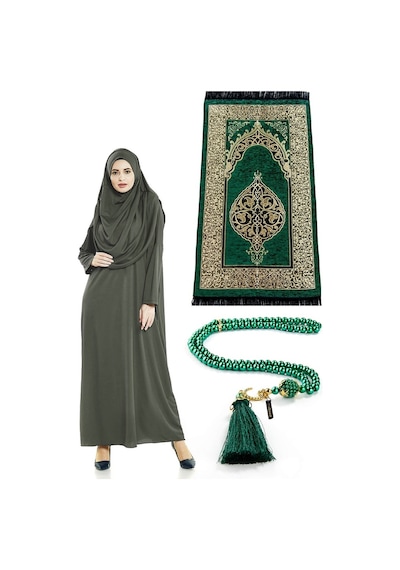 Tek Parça Namaz Elbisesi - Seccade - Tesbih - Ibadet Seti - Haki