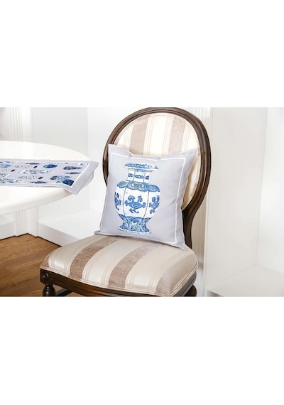 Vista Baskılı Kumaş Kreme Mavi Runner Kırlent Seti 3 Parça 45x45 Cm 1372 Mavi