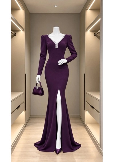 Defymoda Kadın V Yaka Kristal Taş İşlemeli Vatkalı/büzgülü Omuz Yırtmaçlı Balık Abiye Elbise Mor Defymoda Kadın V Yaka Kristal Taş İşlemeli Vatkalı/büzgülü Omuz Yırtmaçlı Balık Abiye Elbise Mor