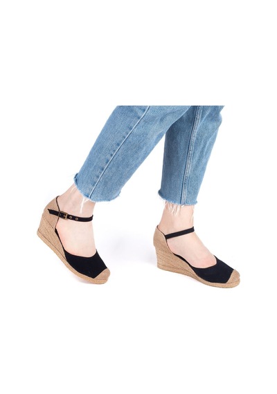 Star Tombis Gerçek Elişi Burnu Hasır Dolgu Topuk Siyah Keten Hasır Espadril Handmade Siyah