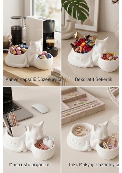 Çift Hazneli Organizer Plastik, Kedi Tasarımlı, Beyaz, Kahverengi, Siyah
