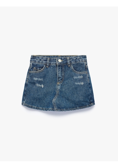 Koton Pamuklu Slim Fit Cep Detaylı Düğmeli Denim Etek Orta İndigo 6skg40018ad