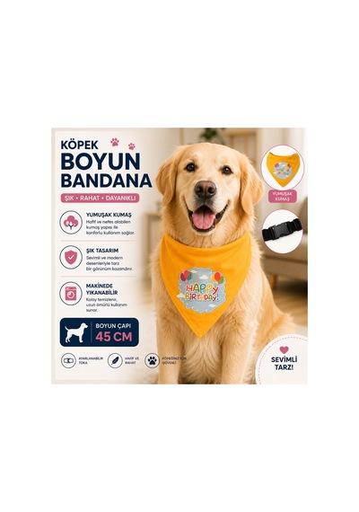 Köpek Boyun Bandanası Sarı Happy Birthday Desenli 45 Cm Doğum Günü Tokalı