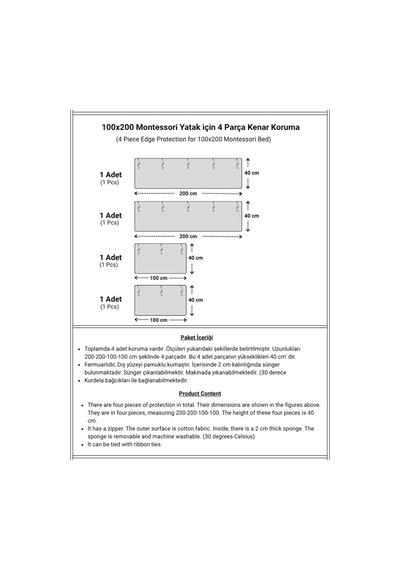Bebek Özel%100 Pamuklu Montessori Beşik Kenar Koruma, 100x200 Cm, 4 Parça, Ekru Krem Genel