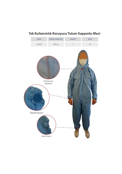 Tek Kullanımlık Koruyucu Tulum Fermuarlı Kapşonlu Mavi