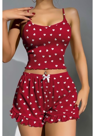 Red Womans Pamuklu Kırmızı Üstüne Beyaz Kalp Desen Fitilli Askılı Şortlu Pij Red Womans Pamuklu Kırmızı Üstüne Beyaz Kalp Desen Fitilli Askılı Şortlu Pij
