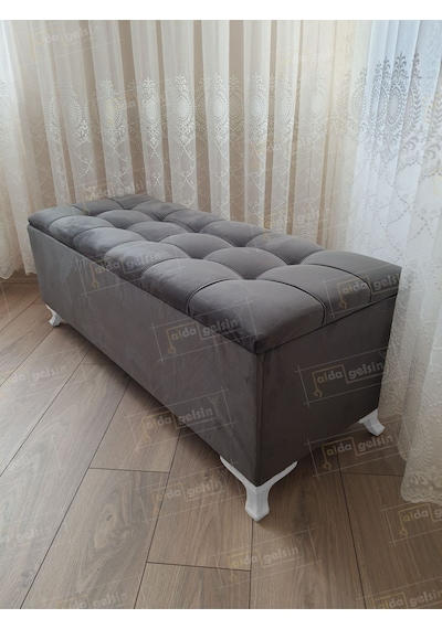 Çizgi Kapitoneli Sandıklı Puf 110 Cm Beyaz Ayak Pembe