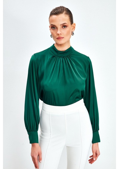 Sateen Yaka Detaylı Saten Bluz - Zümrüt
