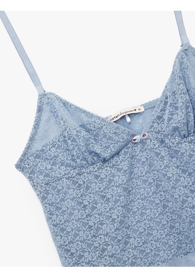 Koton Kalp Yaka İnce Askılı Dantelli Pijama Üstü Mavi 5slk90034mk