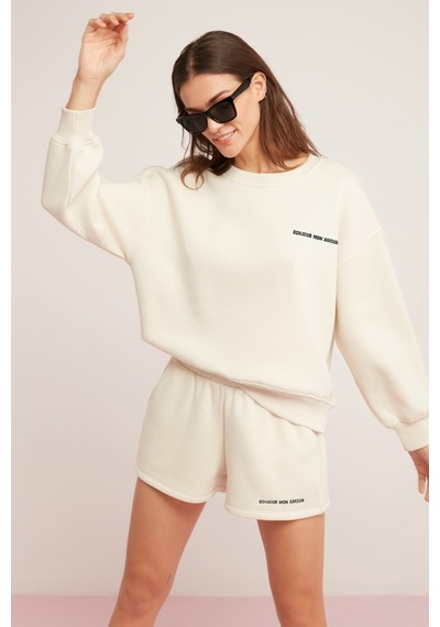 ETHIQUET SANDRA Kadın Pamuklu Içi Polarlı Yumuşacık Baskılı Yuvarlak Yaka Comfort Vanilya Sweatshirt