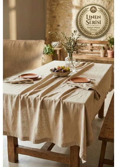 Linen Vintage Naturel Keten Masa Örtüsü - Ham Bej Yıkanmış Keten Bohem Sofra Örtüsü