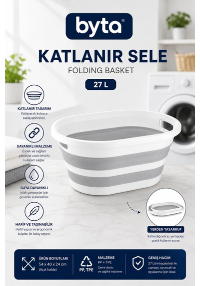 27 L Katlanabilir Çamaşır Sepeti Gri-beyaz Çok Amaçlı Yer Tasarruflu Organizer Sepet Gri