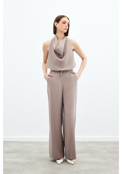 Sateen Örgü Kemerli Pantolon - Vizon-136167 Vizon