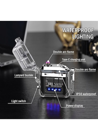 Valkyrie Ip56 Su Geçirmez Çift Arc Elektrikli Çakmak Type-c Şarjlı Işıklı & Güç Göstergeli Siyah