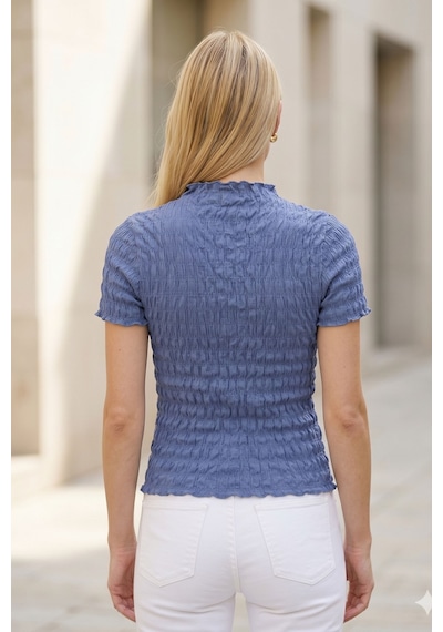Kadın Mavi Büzgülü Dokulu Bluz Slim Fit Kısa Kol Yüksek Yaka Esnek Modern Şık Üst Bluz