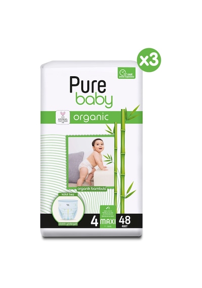 Pure Baby Organik Bambu Özlü Külot Bez 3'lü Paket 4 Numara Maxi 144 Adet 3'lü