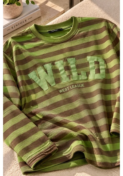 Bbbutikbasic Wild Baskılı Çizgili Uzun Kollu Kadın Sweatshirt My3535 Yeşil