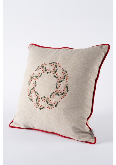 Xmas Bej Nakşlı Biyeli Kırlent Kılıfı 45x45 2550 Bej