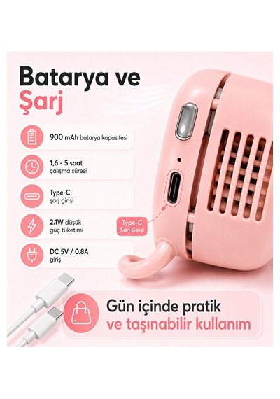 Şarjlı Klipsli Mini Fan Bıçaksız 3 Kademeli Type-c Taşınabilir Yaka Kemer Cep Ve Pembe