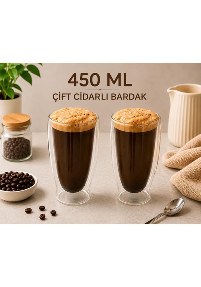 Arvale Çift Cidarlı Cam Kupa 400 Ml Isı Yalıtımlı Kulplu Cam Bard