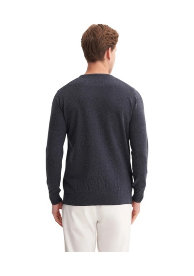 Cazador Soft Touch Slim Fit Basic Çizgi Baskılı Bisiklet Yaka Kazak Lacivert