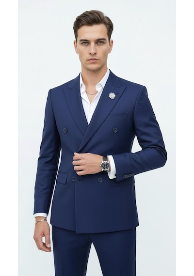 Plus Scorpion Gold Düğmeli Kruvaze Erkek Blazer Ceket Premium Kumaş, Slim Fit Şıklık Açık Lacivert