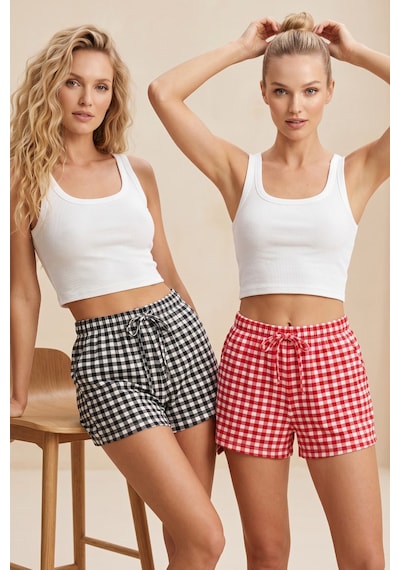 Siyah İnci 2'li Mevsimlik İnce Örme Şortlu Pijama Altı 8064 Siyah Kırmızı Ekose