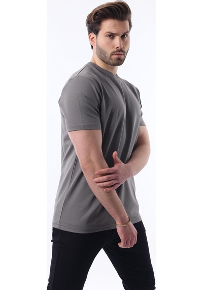 Madmext Füme Bisiklet Yaka Basic Kısa Kollu Tişört 7042 Füme