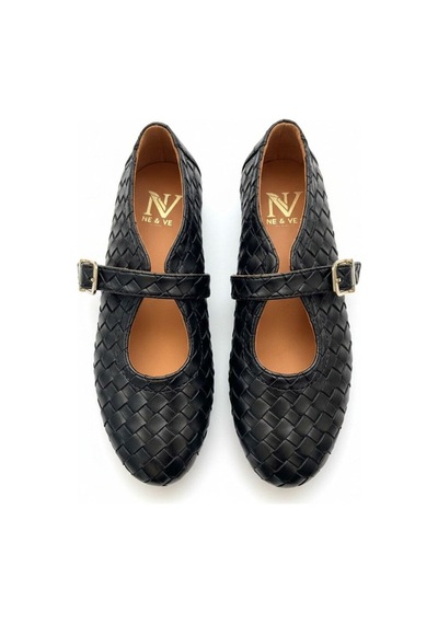 Ne&ve Shoes Kahve Hakiki Deri Örgü Detaylı Tokalı Kaddın Yuvarlak Burun Babet Siyah
