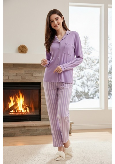 Remsa Kadın Desenli Önü Düğmeli Yumuşak Milan Kumaş Pijama Takımı 250378 Lila01 Lila01
