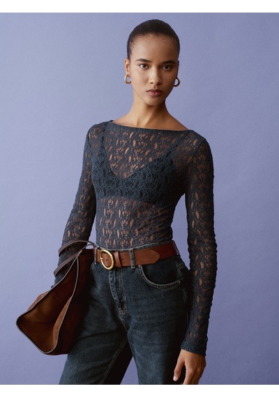 Dilvin 32763 Kayık Yaka Dantel Top-indigo İndigo