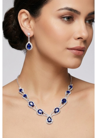 Accessories Hürrem Model Mavi Taşlı Kolye Küpe Takı Seti Gerdanlık - Gelin Düğün Nişan Abiye Set Gümüş - Mavi