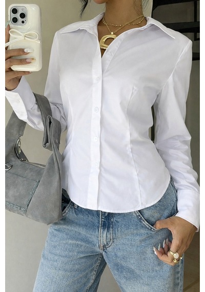 Kadın Premium Gömlek Slim Fit Uzun Kollu Şık Ofis Günlük Kombin Basic Klasik Gömlek Beyaz