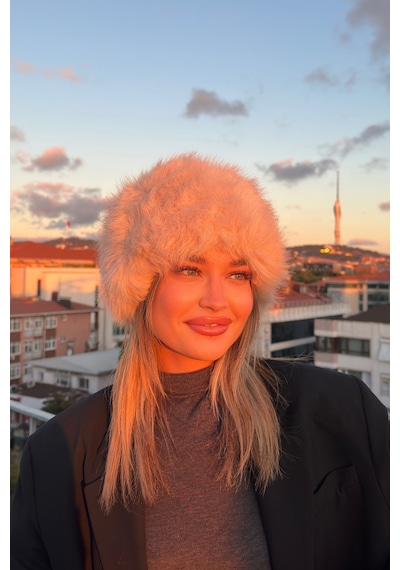 Mollycrush Elit Rus Slav Tarzı Suni İçi Deri Peluş Tüylü Kadın Kalpak Şapka Bej