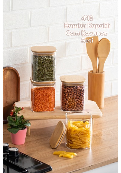 Porsima 5-4 Bambu Vakumlu Kapaklı Kare Borsilikat Cam 4lü Kavanoz Seti Saklama Kabı 750ml 7,5x15cm