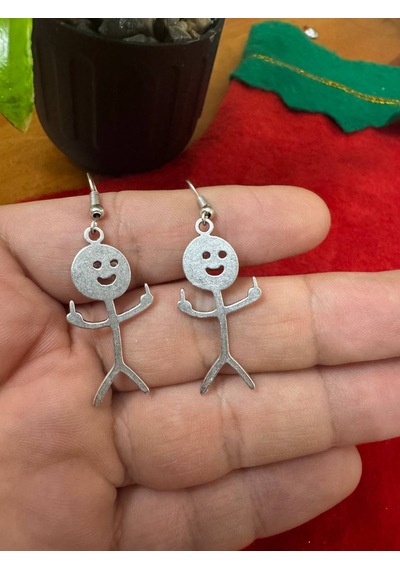 Happy Figure Gülümseyen Figür Eskitme Gümüş Renk Sallantılı Küpe Çok Renkli