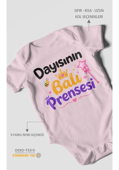Morivokids Dayısının Ballı Prensesi Kısa Kollu Bebek Body %100 Pamuk Bebe Pembe
