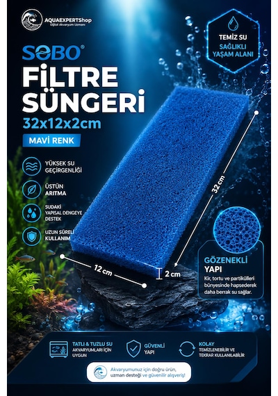 Sobo Akvaryum Filtre Süngeri 32x12x2 Cm - Üstün Temizlik Gücü Ve Yüksek Su Geçirgenliği - Mavi Renk