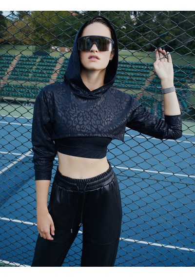 Koton Kapşonlu Crop Spor Sweatshirt Zebra Desenli Uzun Kollu Siyah Desenli 4wak10255nk Siyah Desenli