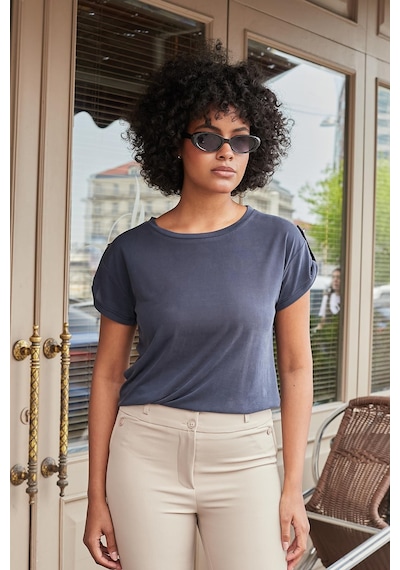 Jument Kadın Modal Penye Geniş Sıfır Yaka Düşük Omuzlu Apoletli Kısa Kol T-shirt Bluz-lacivert Lacivert