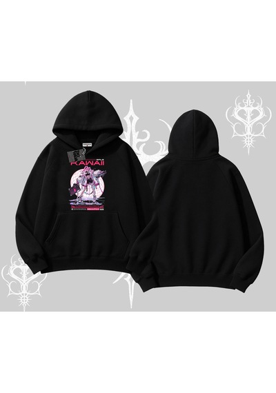 Kapşonlu Sweatshirt Kawaii Cyberpunk Kız Japon Stil Baskı Siyah